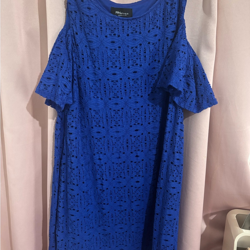 Blue Lace Cold-Shoulder Midi Dress